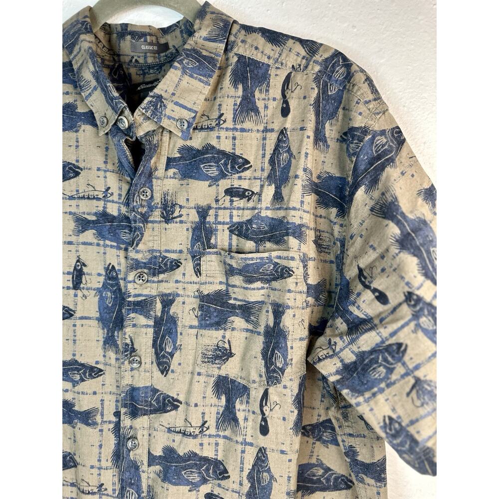 Eddie Bauer Mens Tall XL Fishing & Lure Print Button Front Classic Fit